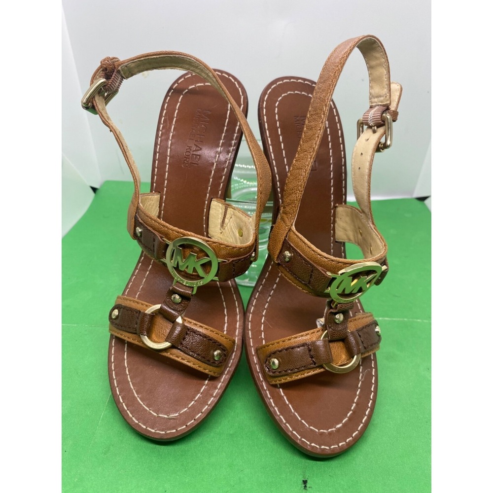 Michael Kors Womens Brown Leather Slingback MK Logo Heels Sandals Size 7M